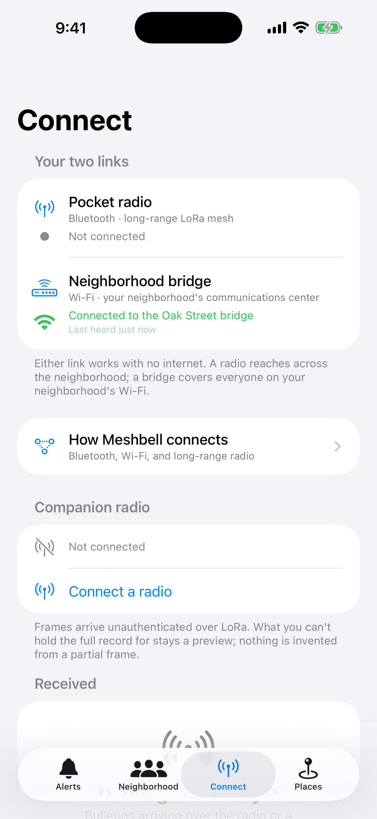 The Connect tab: the phone's two links, Bluetooth to a pocket radio and Wi-Fi to a neighborhood bridge, the bridge connected and the radio not, above rows opening How Meshbell connects and what you can do at your equipment level.