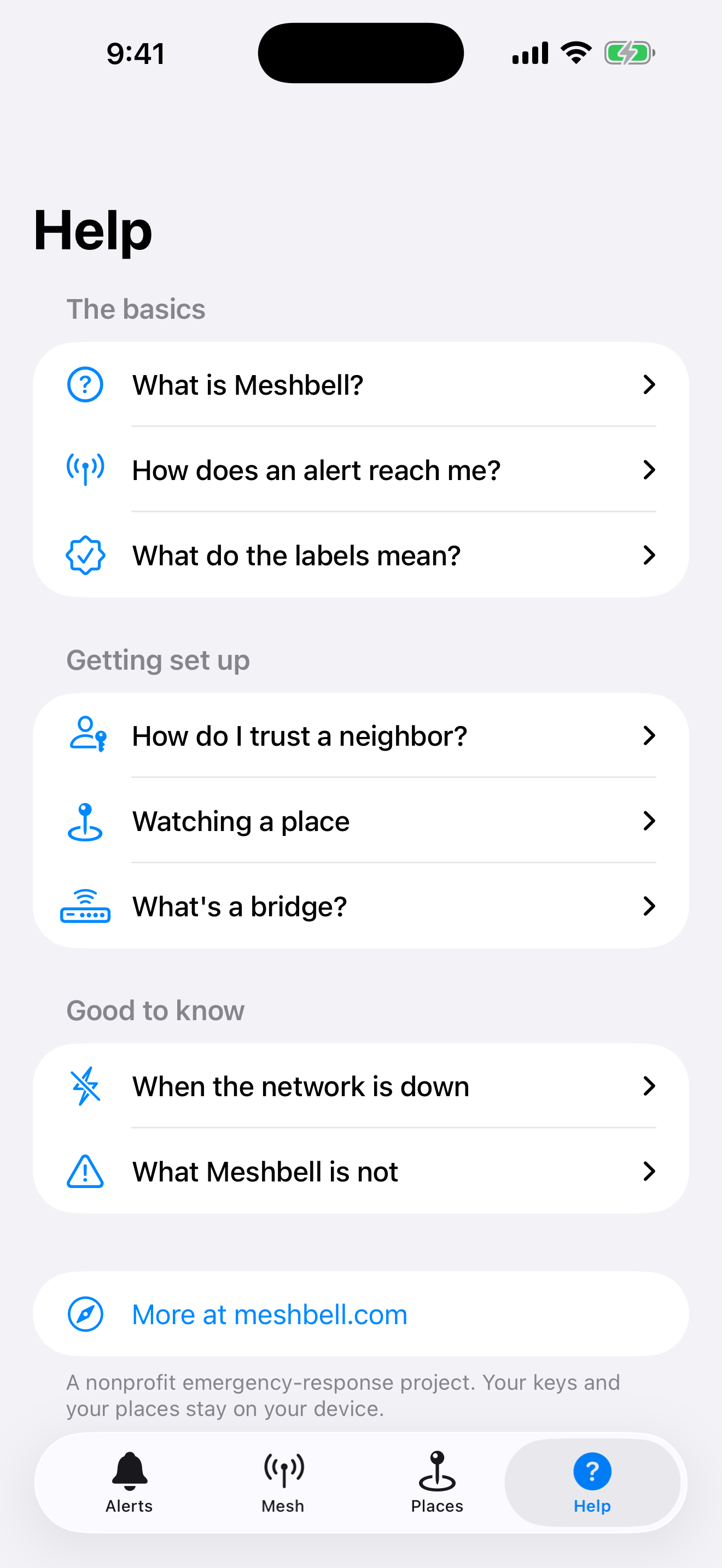 The Help tab: plain-language answers to 'What is Meshbell?', 'How does an alert reach me?', and more.
