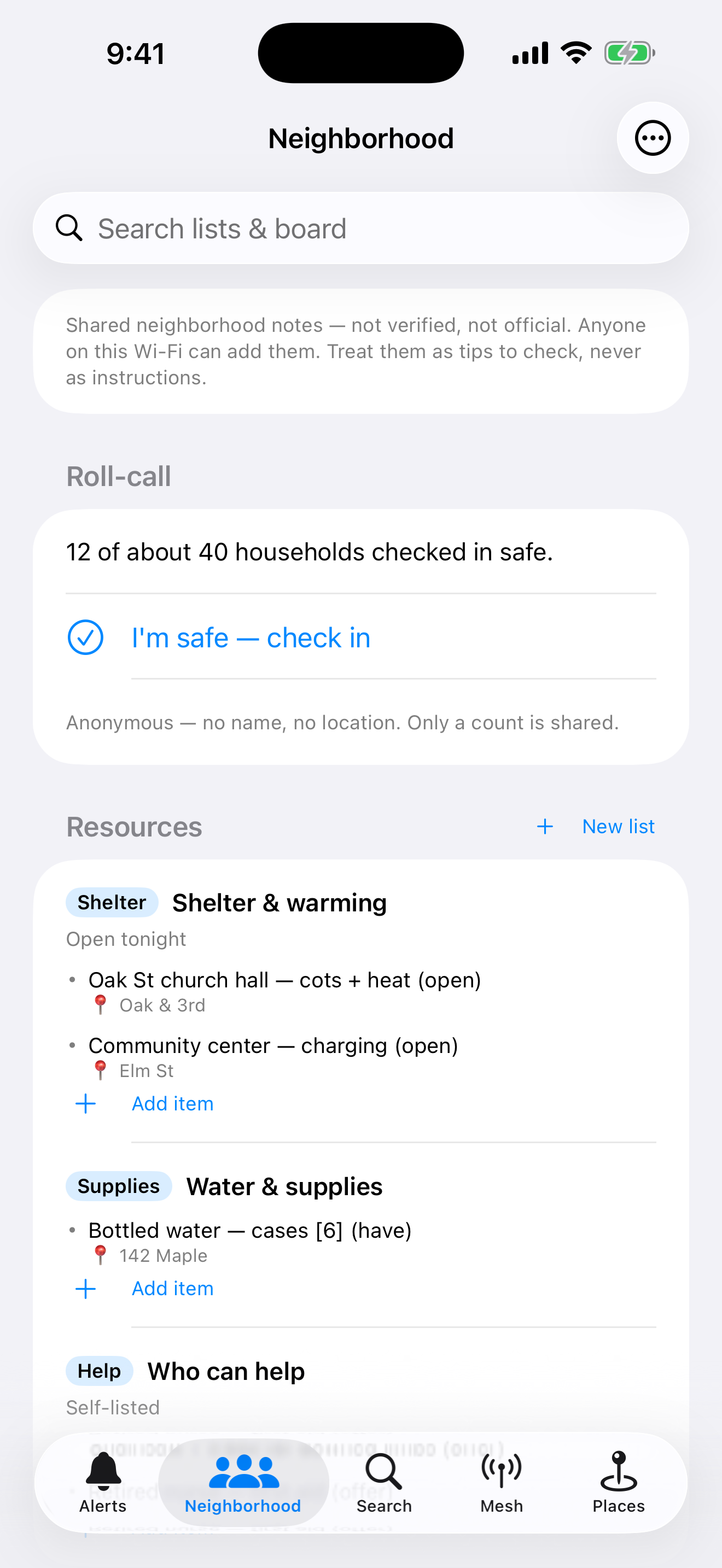 The Neighborhood tab: an anonymous safe roll-call, shared resource lists, and a message board.