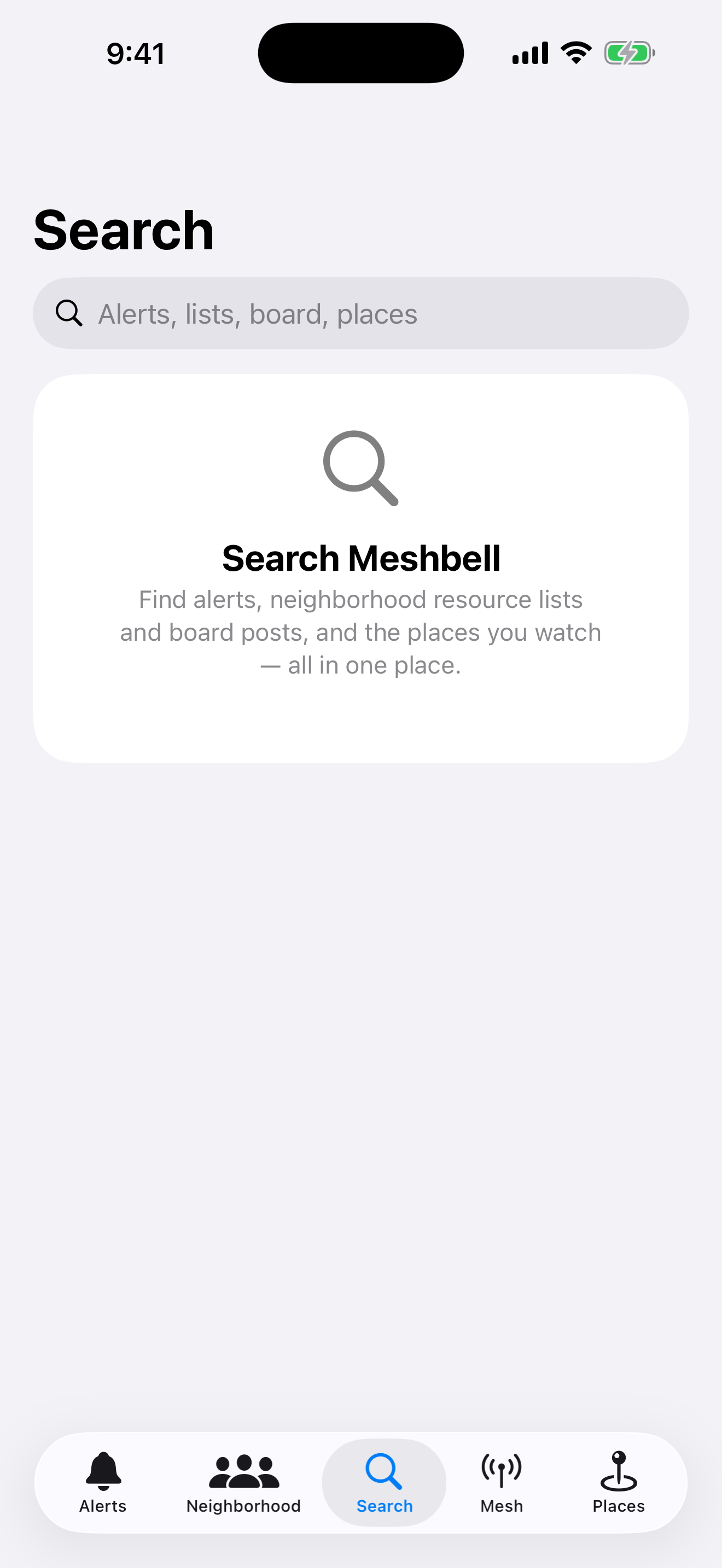 The Search tab: one field across alerts, resource lists, the board, and your watched places.